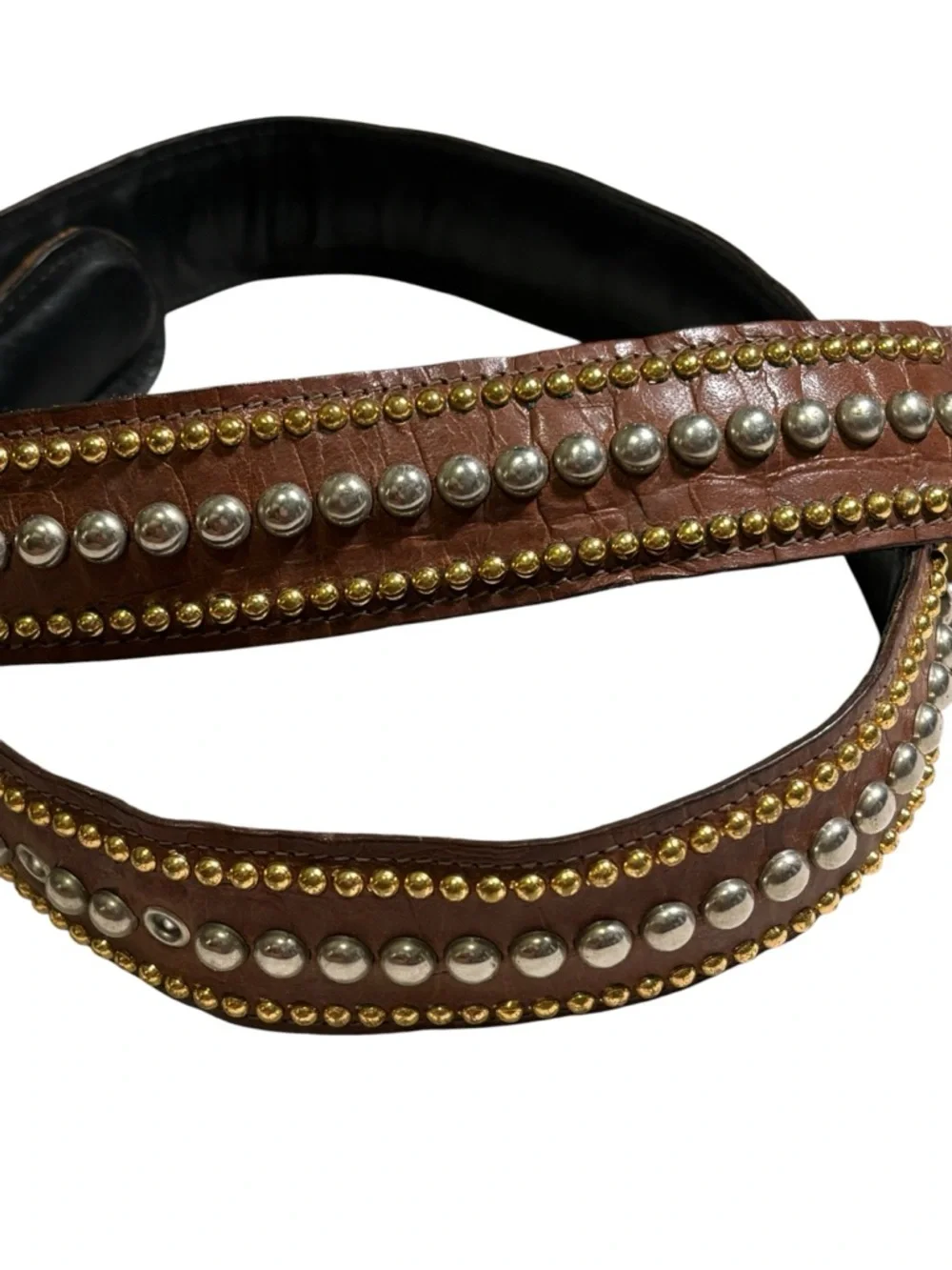Vintage Sand Castle USA Studded Leather Western Belt Brown Gold Silver Rodeo
